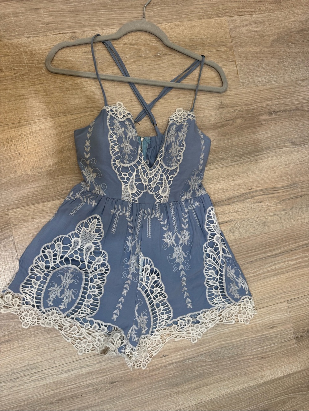 Blue hand crafted Lace- design Trimmed Romper plunging v-neck